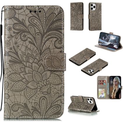 Mobigear Flowers Housse iPhone 12 Pro Etui Porte-Monnaie - Gris