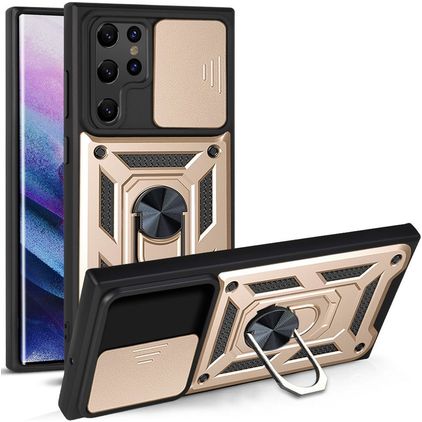 Mobigear Armor Ring Cam Slide Coque Samsung Galaxy S22 Ultra Coque arrière Rigide Anti-Chocs avec Anneau-Support - Or