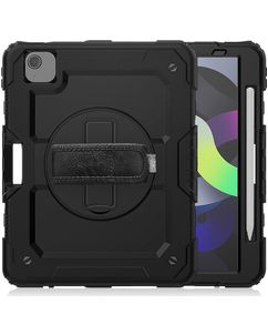 Mobigear SureGrip Xtreme Coque iPad Air 5 (2022) Coque arrière en Plastique rigide,Silicone + Porte-crayon + Bandoulière + Support Amovible - Noir