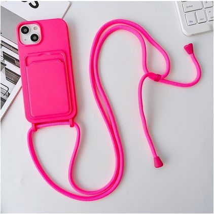 Mobigear Lanyard Card iPhone 15 Plus Coque avec cordon en Silicone et Porte-Cartes - Rose