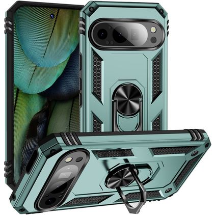 Mobigear Armor Ring Google Pixel 9 Plastique rigide Coque arrière Antichoc avec bague de maintien - Vert