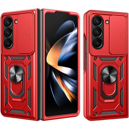 Mobigear Armor Ring Cam Slide Coque Samsung Galaxy Z Fold 7 Coque arrière Rigide Anti-Chocs avec Anneau-Support et Protecteur Lentilles - Rouge