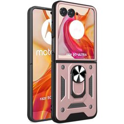 Mobigear Armor Ring Motorola Razr 50 Ultra Plastique rigide Coque arrière Antichoc avec bague de maintien - Rose doré