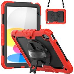 Mobigear SureGrip Xtreme Coque iPad 10 (2022) Coque arrière en Plastique rigide,Silicone + Bandoulière + Support Amovible - Noir / Rouge