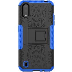 Mobigear Tire Coque Samsung Galaxy A01 Coque arrière Rigide Anti-Chocs avec Support Amovible - Noir / Bleu