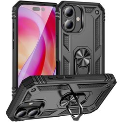 Mobigear Armor Ring Coque iPhone 16 Coque arrière Rigide Anti-Chocs avec Anneau-Support - Noir