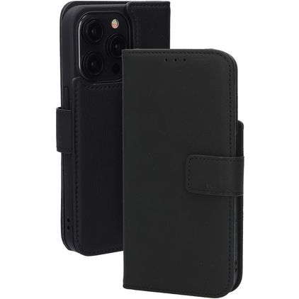 Mobiparts Wallet Housse iPhone 15 Pro MagSafe Etui en Cuir Véritable Porte-Monnaie - Noir