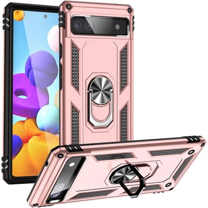 Mobigear Armor Ring Google Pixel 6a Plastique rigide Coque arrière Antichoc avec bague de maintien - Rose doré