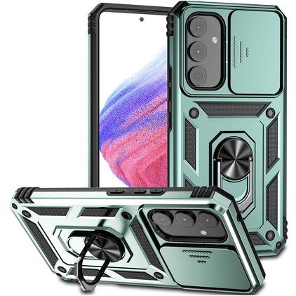 Mobigear Armor Ring Cam Slide Samsung Galaxy A54 Plastique rigide Coque arrière Antichoc avec bague de maintien et cache caméra coulissant - Vert