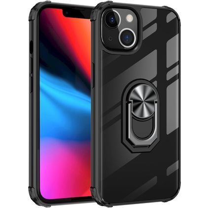 Mobigear Crystal Ring iPhone 14 Pro Plastique rigide Coque arrière avec bague de maintien - Transparent / Noir