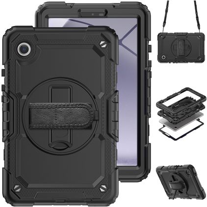 Mobigear SureGrip Xtreme Coque Samsung Galaxy Tab A9 (2023) Coque arrière en Plastique rigide,Silicone + Bandoulière + Support Amovible - Noir