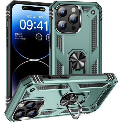 Mobigear Armor Ring Coque iPhone 16 Pro Max Coque arrière Rigide Anti-Chocs avec Anneau-Support - Vert