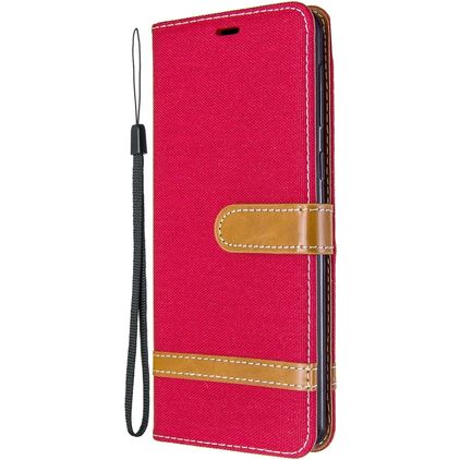 Mobigear Fabric Housse Samsung Galaxy A21 Etui en Tissu Porte-Monnaie - Rouge