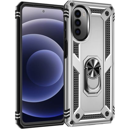 Mobigear Armor Ring Coque Motorola Moto G82 Coque arrière Rigide Anti-Chocs avec Anneau-Support - Argent