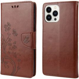 Mobigear Flowers Housse iPhone 14 Pro Max Etui Porte-Monnaie - Marron