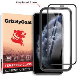 GrizzlyCoat Easy Fit iPhone XS Verre trempé Protection d'écran - Compatible Coque + Cadre d'installation - Noir