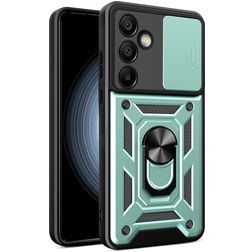 Mobigear Armor Ring Cam Slide Samsung Galaxy S24 FE Plastique rigide Coque arrière Antichoc avec bague de maintien et cache caméra coulissant - Vert