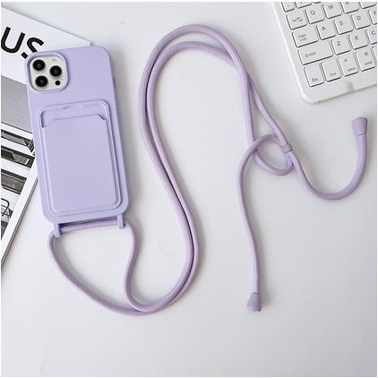 Mobigear Lanyard Card iPhone 15 Pro Max Coque avec cordon en Silicone et Porte-Cartes - Violet