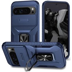 Mobigear Armor Ring Cam Slide Google Pixel 9 Pro XL Plastique rigide Coque arrière Antichoc avec bague de maintien et cache caméra coulissant - Bleu