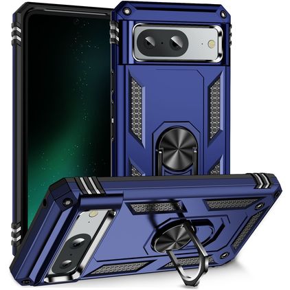 Mobigear Armor Ring Google Pixel 8a Plastique rigide Coque arrière Antichoc avec bague de maintien - Bleu