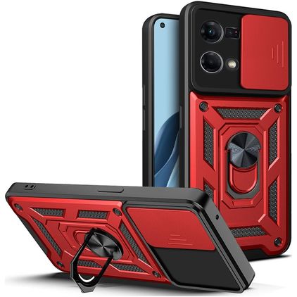 Mobigear Armor Ring Cam Slide OPPO Reno 7 4G Plastique rigide Coque arrière Antichoc avec bague de maintien et cache caméra coulissant - Rouge