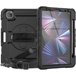 Mobigear SureGrip Xtreme Coque iPad Pro 11 Pouces (2024) Coque arrière en Plastique rigide,Silicone + Porte-crayon + Bandoulière + Support Amovible - Noir