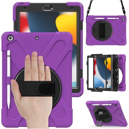 Mobigear SureGrip XGuard Coque iPad 9 (2021) Coque arrière en Plastique rigide,Silicone + Porte-crayon + Bandoulière + Support Amovible - Violet