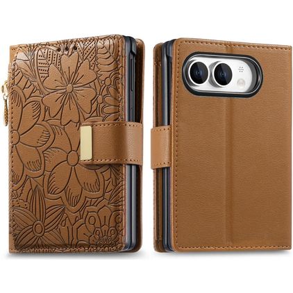 Mobigear Flowers Housse iPhone Duo Etui Porte-Monnaie - Marron
