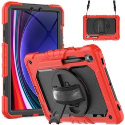 Mobigear SureGrip Xtreme Coque Samsung Galaxy Tab S9 Coque arrière en Plastique rigide,Silicone + Porte-crayon + Bandoulière + Support Amovible - Rouge