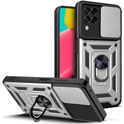 Mobigear Armor Ring Cam Slide Samsung Galaxy M53 Plastique rigide Coque arrière Antichoc avec bague de maintien - Argent