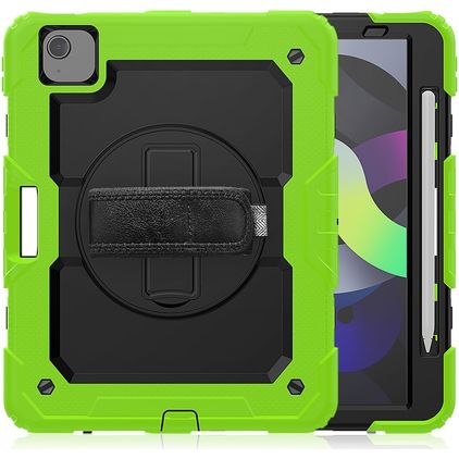 Mobigear SureGrip Xtreme Coque iPad Air 4 (2020) Coque arrière en Plastique rigide,Silicone + Porte-crayon + Bandoulière + Support Amovible - Noir / Vert