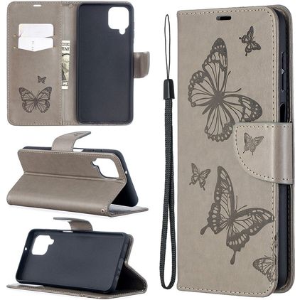 Mobigear Butterfly Housse Samsung Galaxy A12 Etui Porte-Monnaie - Gris