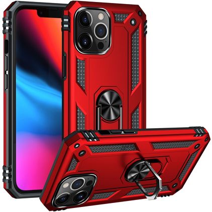 Mobigear Armor Ring Coque iPhone 14 Pro Max Coque arrière Rigide Anti-Chocs avec Anneau-Support - Rouge