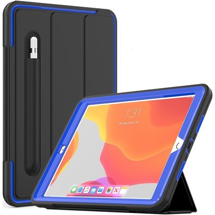 Mobigear Tri-Fold Folio Coque iPad 8 (2020) Etui en Plastique rigide,TPU + Porte-crayon - Noir / Bleu