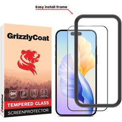 GrizzlyCoat Easy Fit iPhone 15 Verre trempé Protection d'écran - Compatible coque + Cadre de pose - Noir