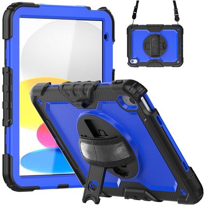 Mobigear SureGrip Xtreme Coque iPad 10 (2022) Coque arrière en Plastique rigide,Silicone + Bandoulière + Support Amovible - Dark Blue