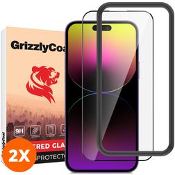 GrizzlyCoat Easy Fit iPhone 14 Pro Max Verre trempé Protection d'écran - Compatible Coque + Cadre d'installation (Lot de 2)