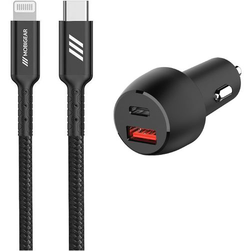 Mobigear Essentials - Double USB / USB-C Chargeur voiture Apple Lightning 1 mètre Power Delivery 48W - Noir