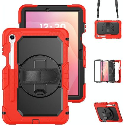 Mobigear SureGrip XGuard Coque Samsung Galaxy Tab S11 Coque arrière en Plastique rigide,Silicone + Porte-crayon + Bandoulière + Support Amovible - Rouge