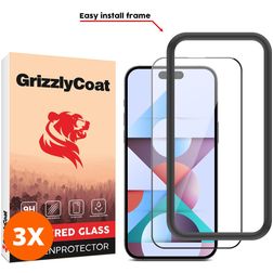 GrizzlyCoat Easy Fit iPhone 15 Pro Verre trempé Protection d'écran - Compatible Coque + Cadre d'installation - Noir (Lot de 3)