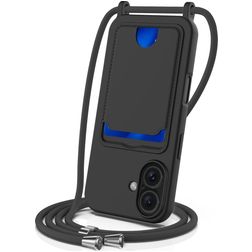 Mobigear Lanyard Card iPhone 16 Coque avec cordon en Silicone et Porte-Cartes - Noir
