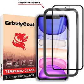 GrizzlyCoat Easy Fit iPhone XR Verre trempé Protection d'écran - Compatible Coque + Cadre d'installation - Noir