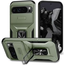 Mobigear Armor Ring Cam Slide Google Pixel 9 Pro XL Plastique rigide Coque arrière Antichoc avec bague de maintien et cache caméra coulissant - Vert