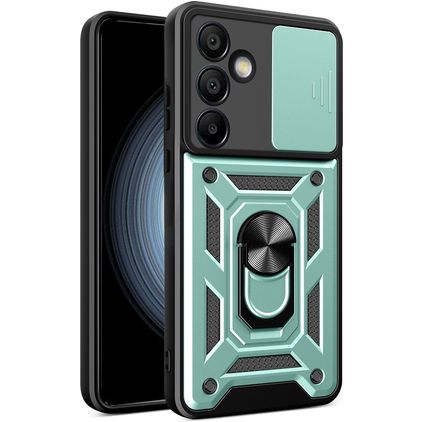 Mobigear Armor Ring Cam Slide Coque Samsung Galaxy S24 FE Coque arrière Rigide Anti-Chocs avec Anneau-Support et Protecteur Lentilles - Vert
