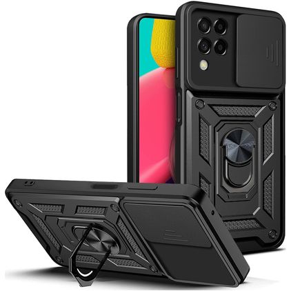 Mobigear Armor Ring Cam Slide Samsung Galaxy M53 Plastique rigide Coque arrière Antichoc avec bague de maintien - Noir