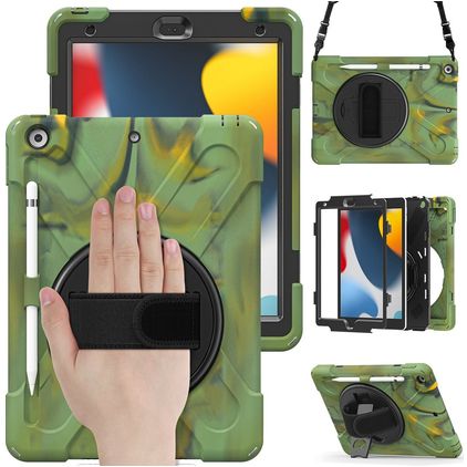 Mobigear SureGrip XGuard Coque iPad 8 (2020) Coque arrière en Plastique rigide,Silicone + Porte-crayon + Bandoulière + Support Amovible - Camouflage