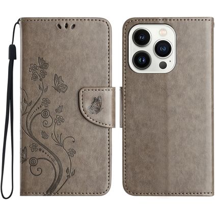 Mobigear Flowers Housse iPhone 16 Pro Etui Porte-Monnaie - Gris