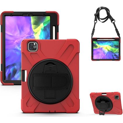 Mobigear SureGrip XGuard Coque iPad Pro 11 Pouces (2022) Coque arrière en Plastique rigide,Silicone + Porte-crayon + Bandoulière + Support Amovible - Rouge