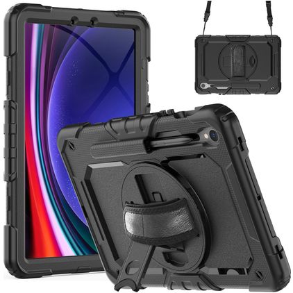 Xccess Survivor All-round Coque Samsung Galaxy Tab S10 FE Plus Coque arrière en Plastique rigide,Silicone + Bandoulière + Support Amovible - Noir