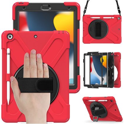 Mobigear SureGrip XGuard Coque iPad 9 (2021) Coque arrière en Plastique rigide,Silicone + Porte-crayon + Bandoulière + Support Amovible - Rouge